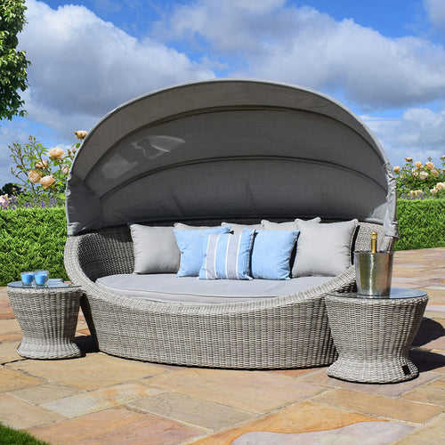 Oxford Grey Rattan Luxury Garden Daybed with canopy and Side stools