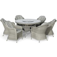 Load image into Gallery viewer, Oxford Grey Rattan Six Seat Round Heritage Garden Dining Set with Lazy Susan and LPG Gas Firepit
