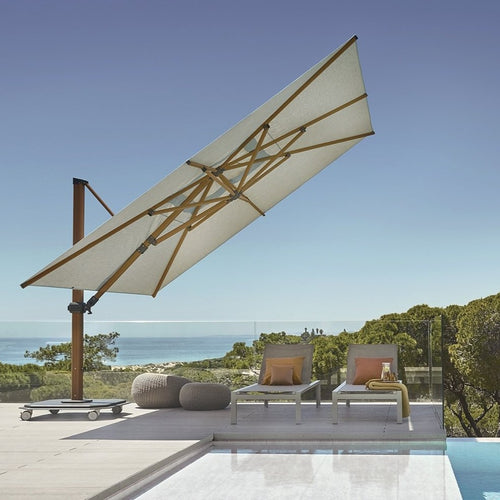 Carectere JCP-401 3.7m x 3.7m Large Cantilever Parasol with Wheeled Parasol BaseThe Jardinico Caractere JCP- 401 Square 3.7m Square Cantilever side arm parasol  part of our JCP.4 Large Commercial Parasols which combine technical intelligence and top-quality materials with neat design and elegance. With a choice of frame colours and canopy shades in keeping with your outdoor design.