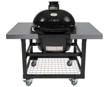 Load image into Gallery viewer, American Primo large LG300 oval ceramic charcoal bbq with robust metal cart with stainless steel side shelves and storage basket 
