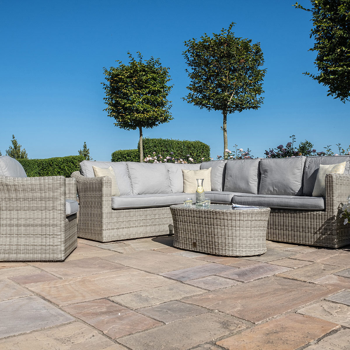 Oxford Grey Rattan Large L shape Corner Garden Sofa Set with Armchair and Coffee Table MAZE