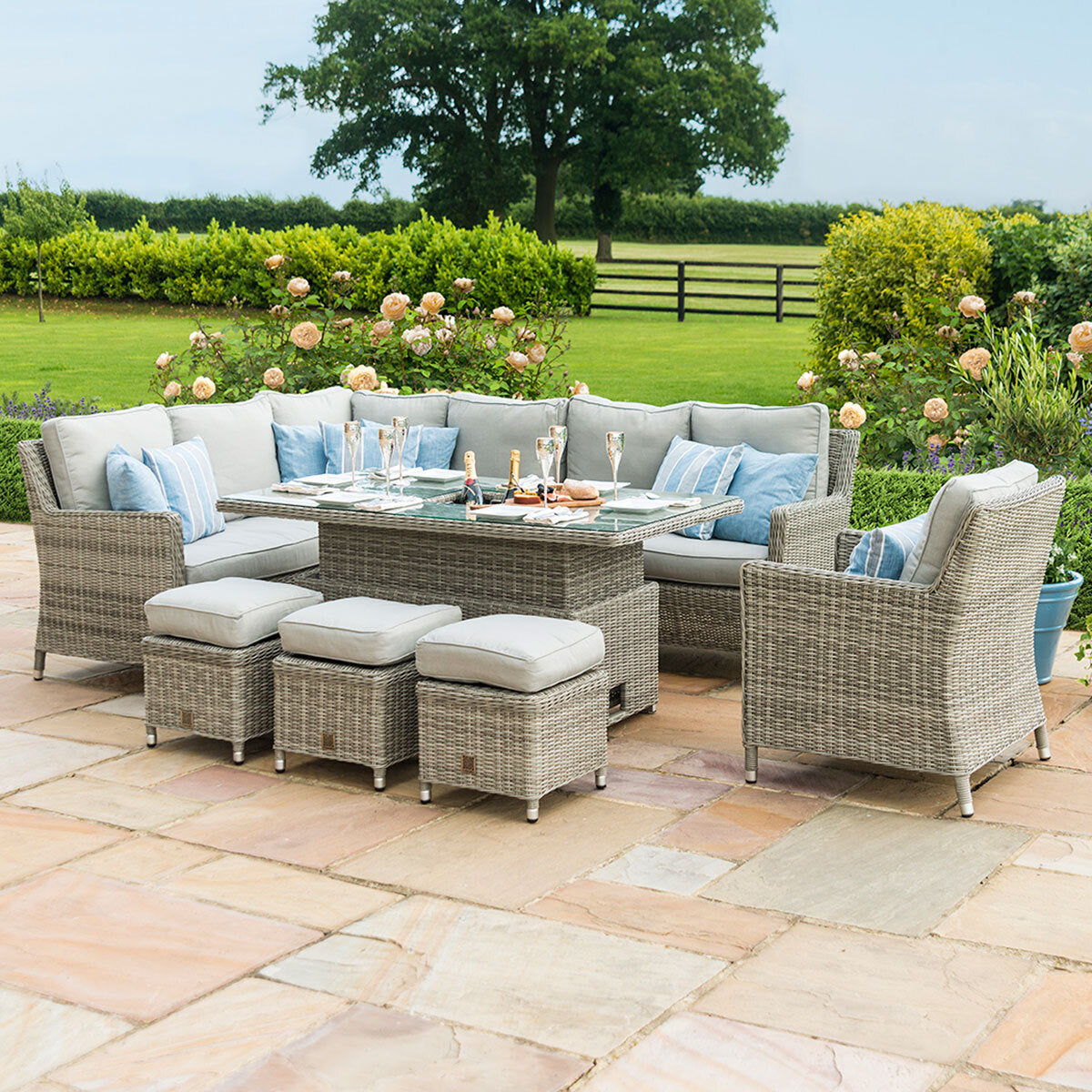 Oxford Grey Rattan Casual Corner Dining Set With Armchair integrated Ice Bucket and Rising Table