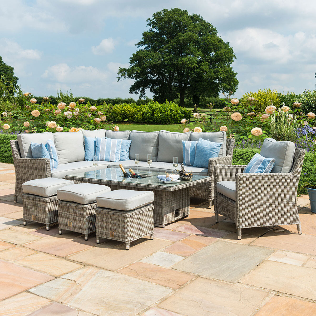 Oxford Grey Rattan Casual Corner Dining Set With Armchair integrated Ice Bucket and Rising Table