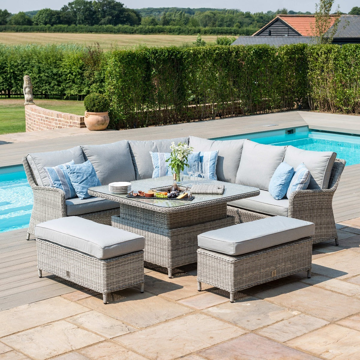 Oxford Grey Rattan Royal Casual Corner Dining Set With Bench integrated Ice Bucket and Rising Table