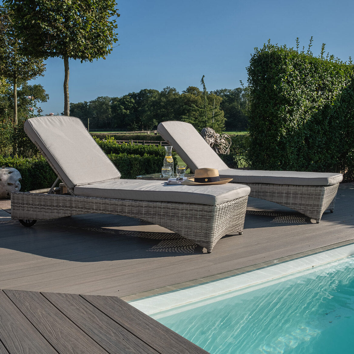 Oxford Grey Rattan Luxury Garden Sunlounger Set with Adjustable back rest and Side table