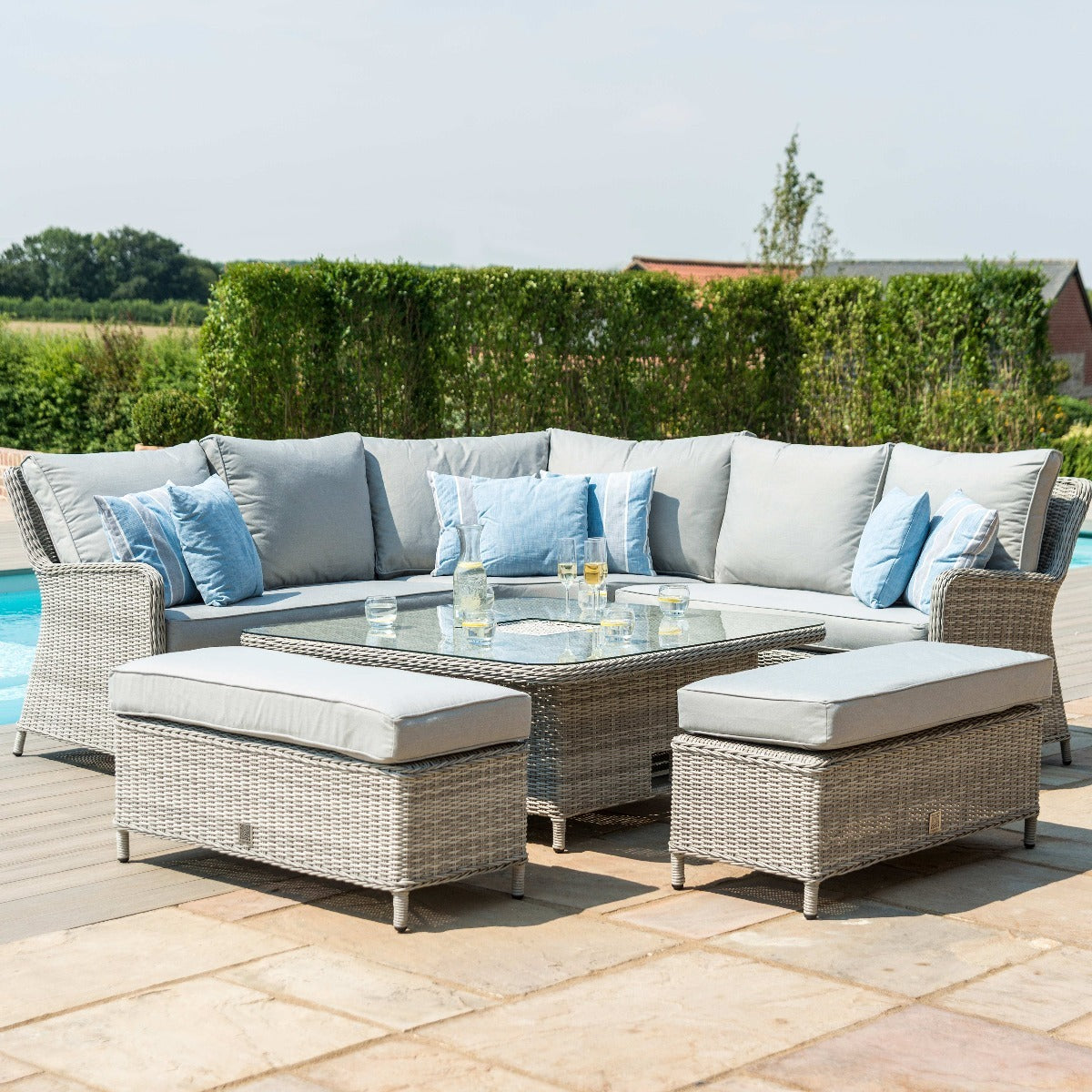 Oxford Grey Rattan Royal Casual Corner Dining Set With Bench integrated Ice Bucket and Rising Table