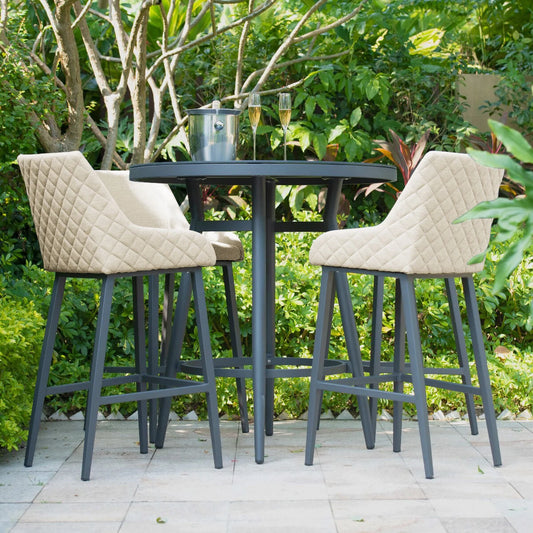 Regal 4 Seat Round Outdoor High Bar Table Set in Oatmeal Quilted all Weather Fabric