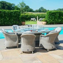 Load image into Gallery viewer, Oxford Grey Rattan Six Seat Oval Heritage Garden Dining Set with inbuilt Gas LPG Firepit
