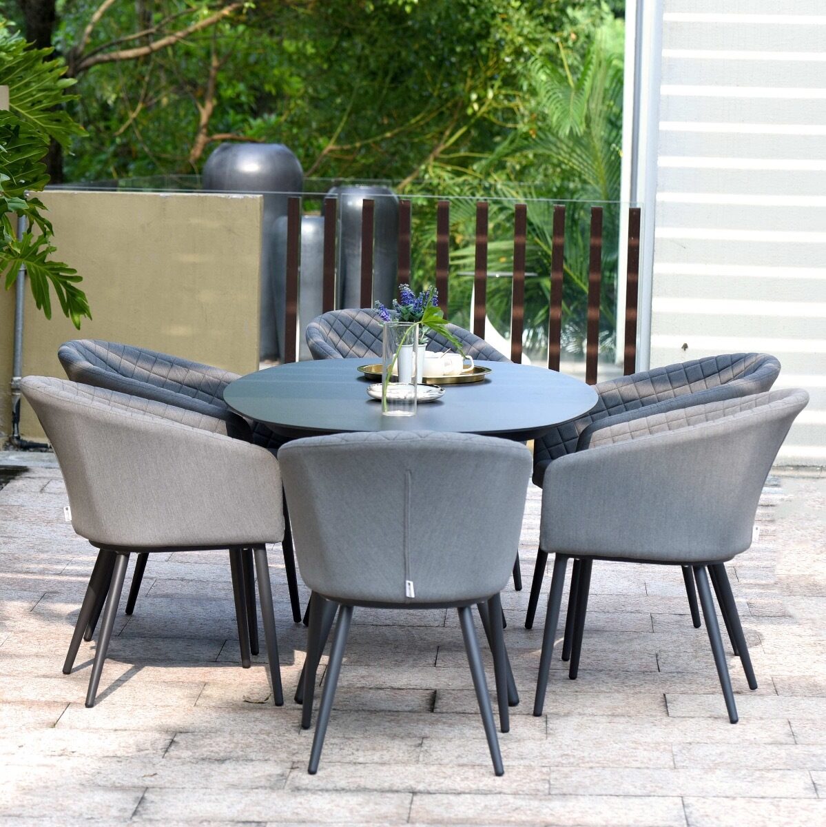 Ambition All Weather Fabric Oval Six seat Garden Dining Set with Spray Stone Dining Table - Grey