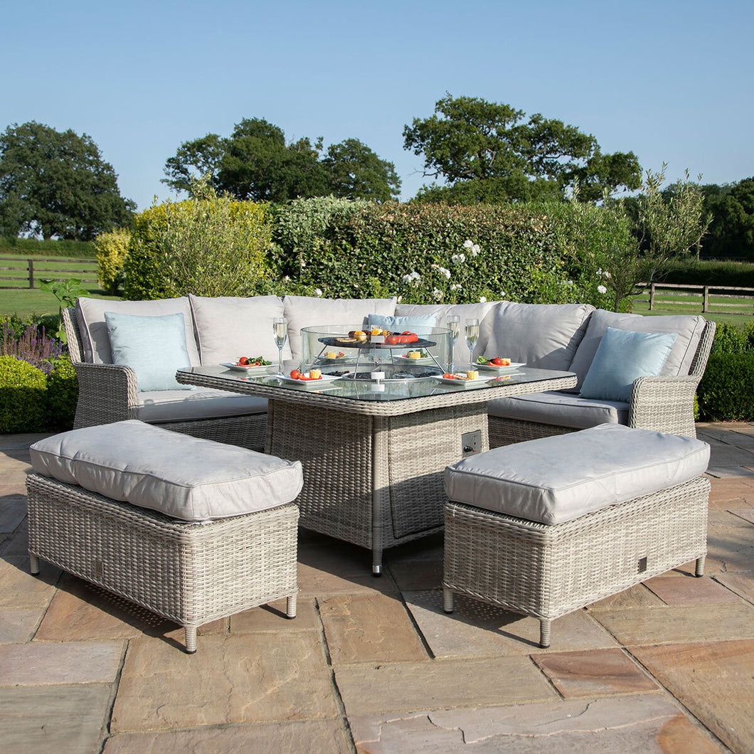 Oxford Grey Rattan Royal Casual Corner Dining Set With Bench Seating and LPG Gas Fire pit