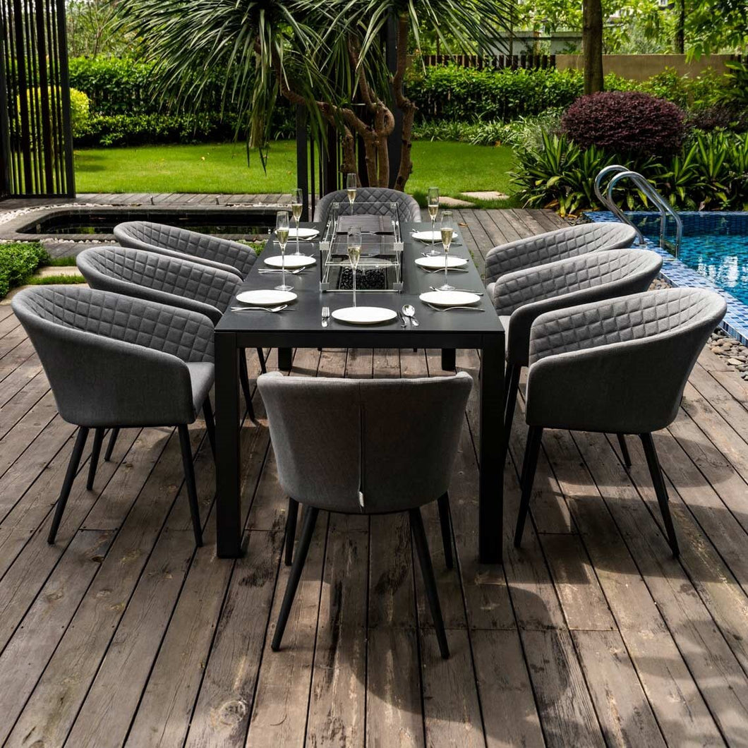 Ambition All Weather Fabric Eight Seat Rectangular Garden Dining Set with LPG Gas Fire Pit- Grey Maze