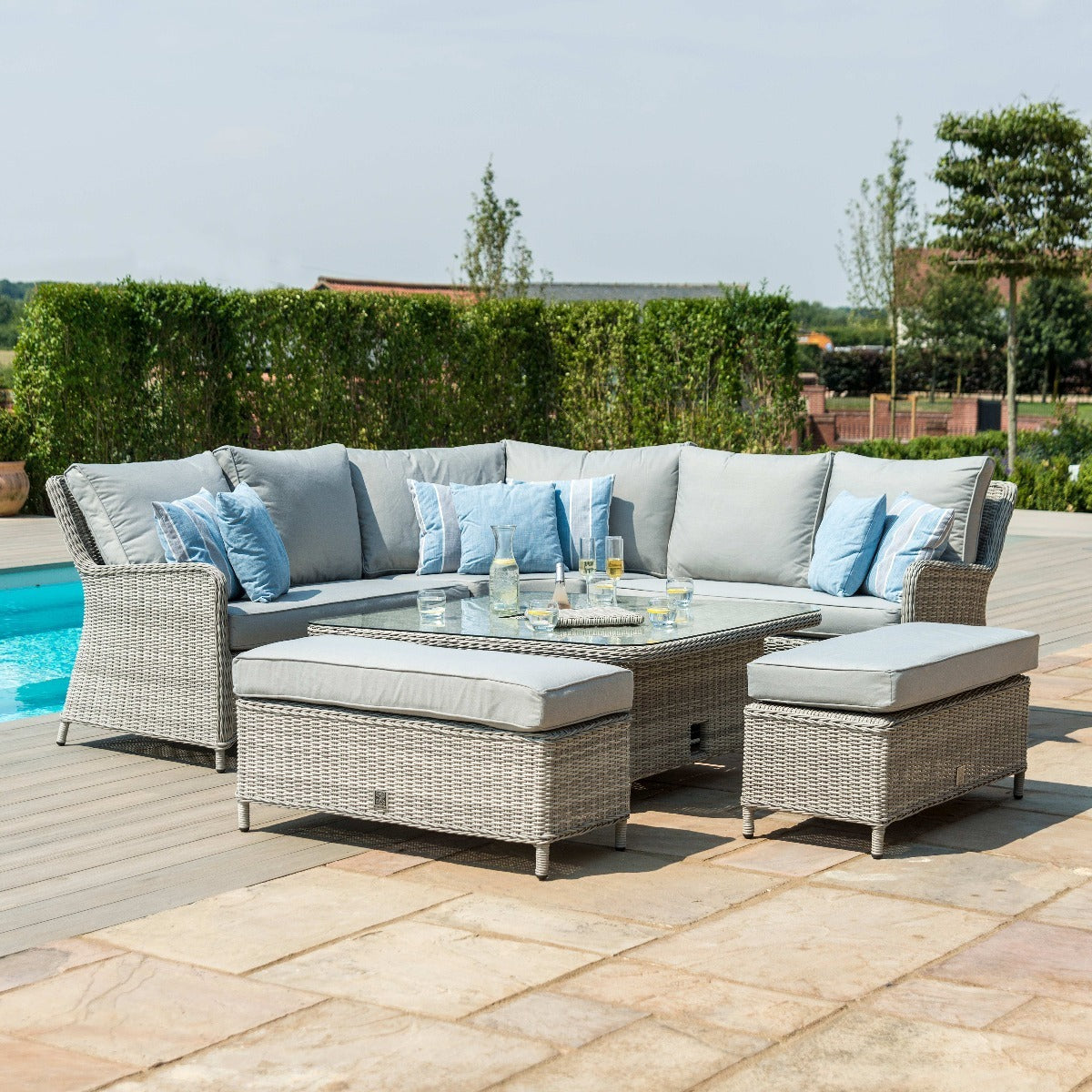 Oxford Grey Rattan Royal Casual Corner Dining Set With Bench integrated Ice Bucket and Rising Table