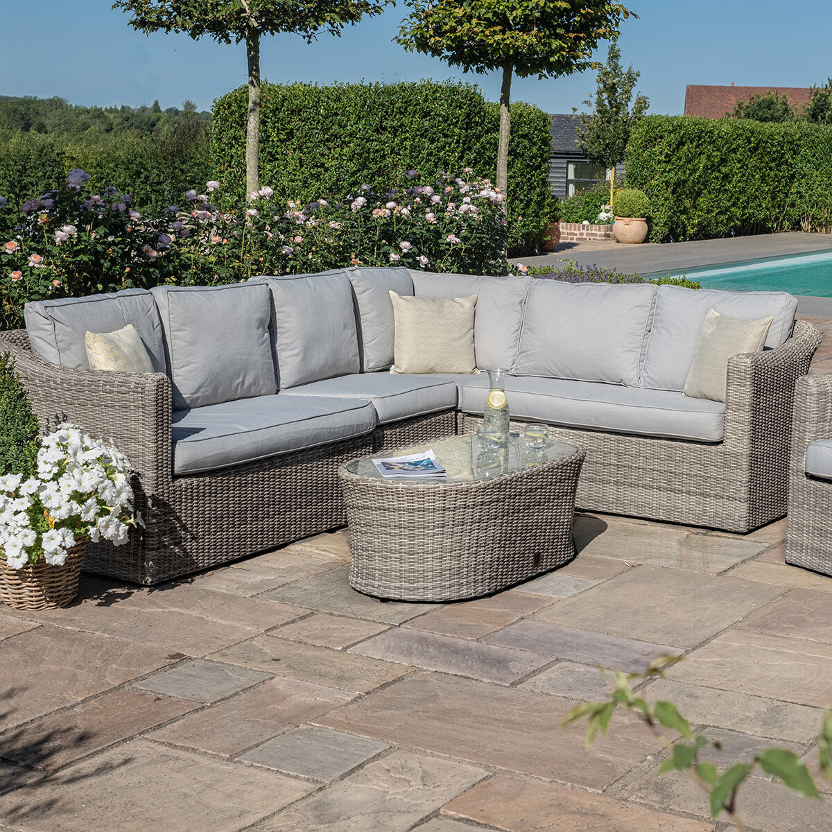 Oxford Grey Rattan Small L shape Corner Garden Sofa Set with Coffee Table