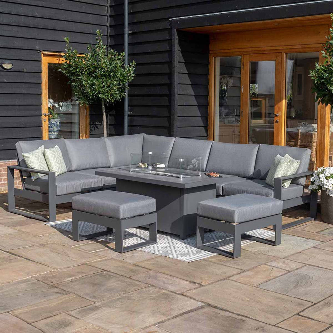 Amalfi Grey Aluminium Large Corner Group Garden Sofa Set With Gas Fire Pit Table