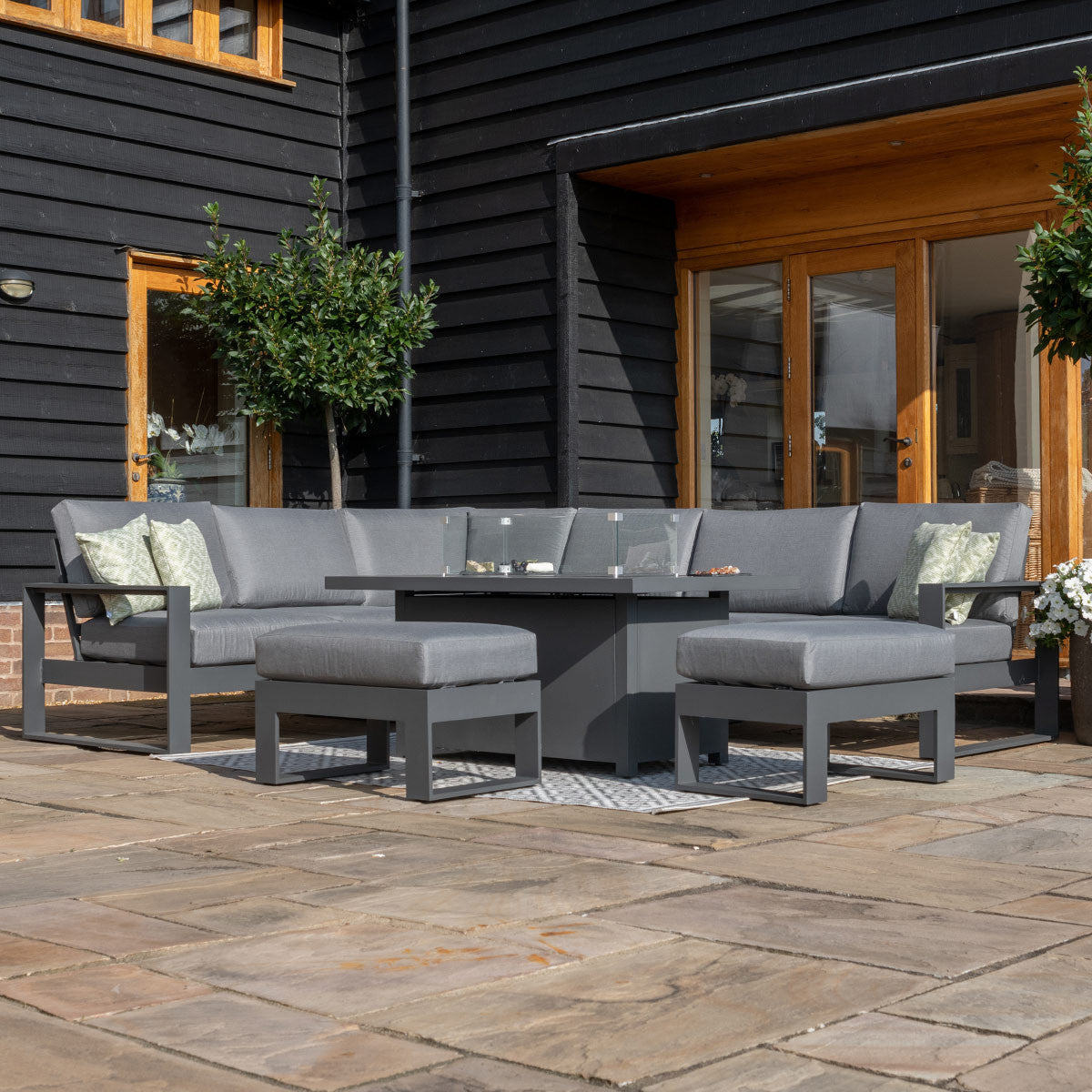 Amalfi Grey Aluminium Large Corner Group Garden Sofa Set With Gas Fire Pit Table