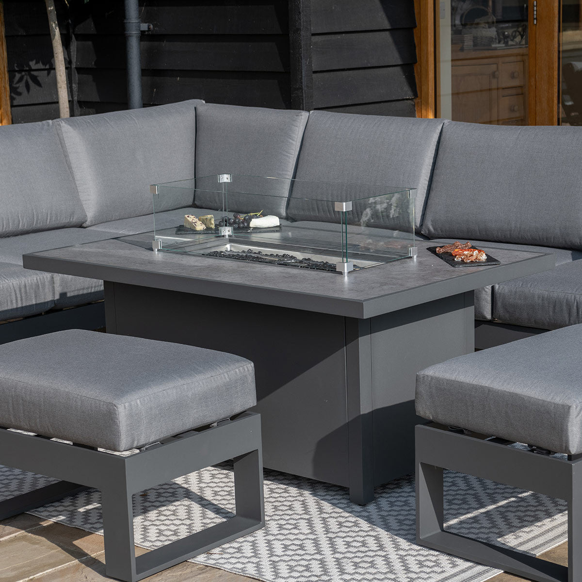 Amalfi Grey Aluminium Large Corner Group Garden Sofa Set With Gas Fire Pit Table