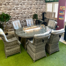 Load image into Gallery viewer, Ex Display Boston Six Seat Oval Grey Rattan Dining Set with LPG Gas Fire Pit
