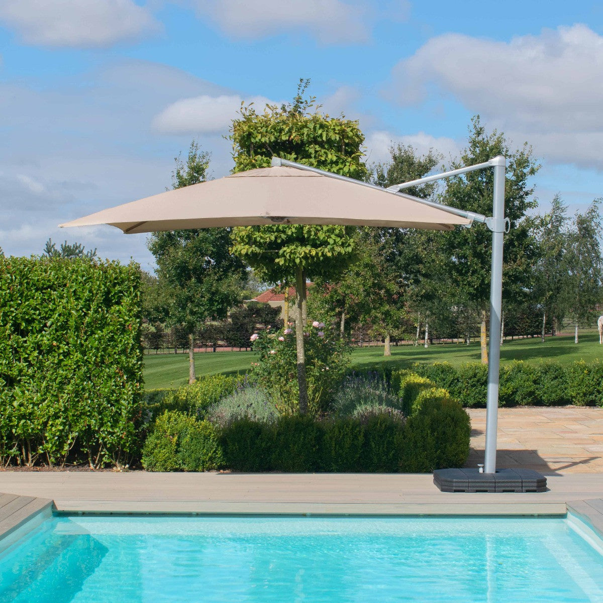 Bisque LED 3.5M Round Cantilever Garden Parasol Beige with Base and Cover