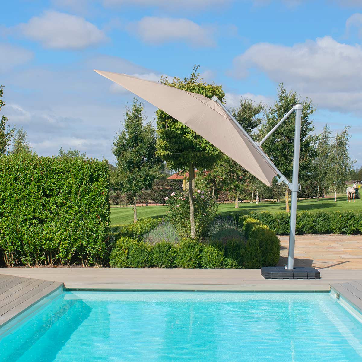 Bisque LED 3.5M Round Cantilever Garden Parasol Beige with Base and Cover