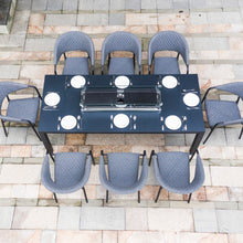 Load image into Gallery viewer, Pebble All Weather Grey Eight Seat Rectangular Garden Dining Set with LPG Gas Fire pit
