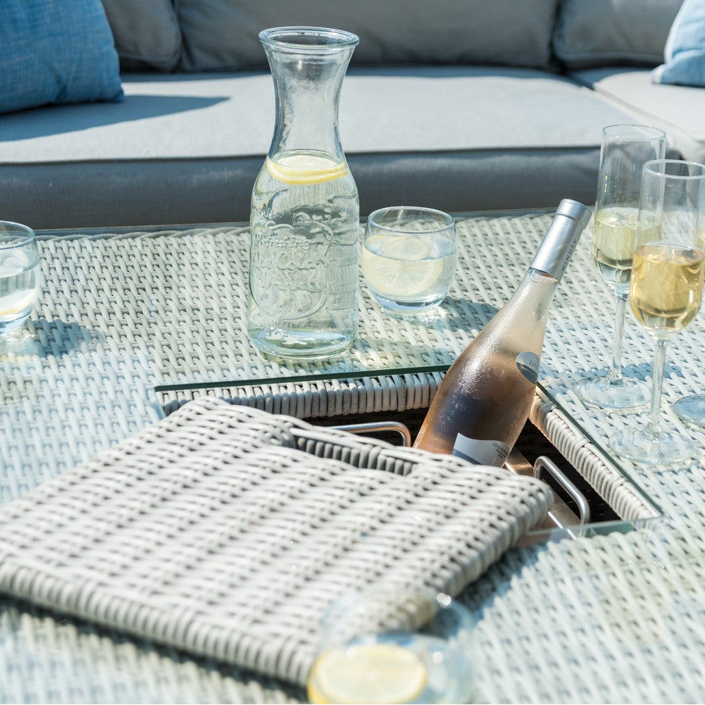 Oxford Grey Rattan Royal Casual Corner Dining Set With Bench integrated Ice Bucket and Rising Table