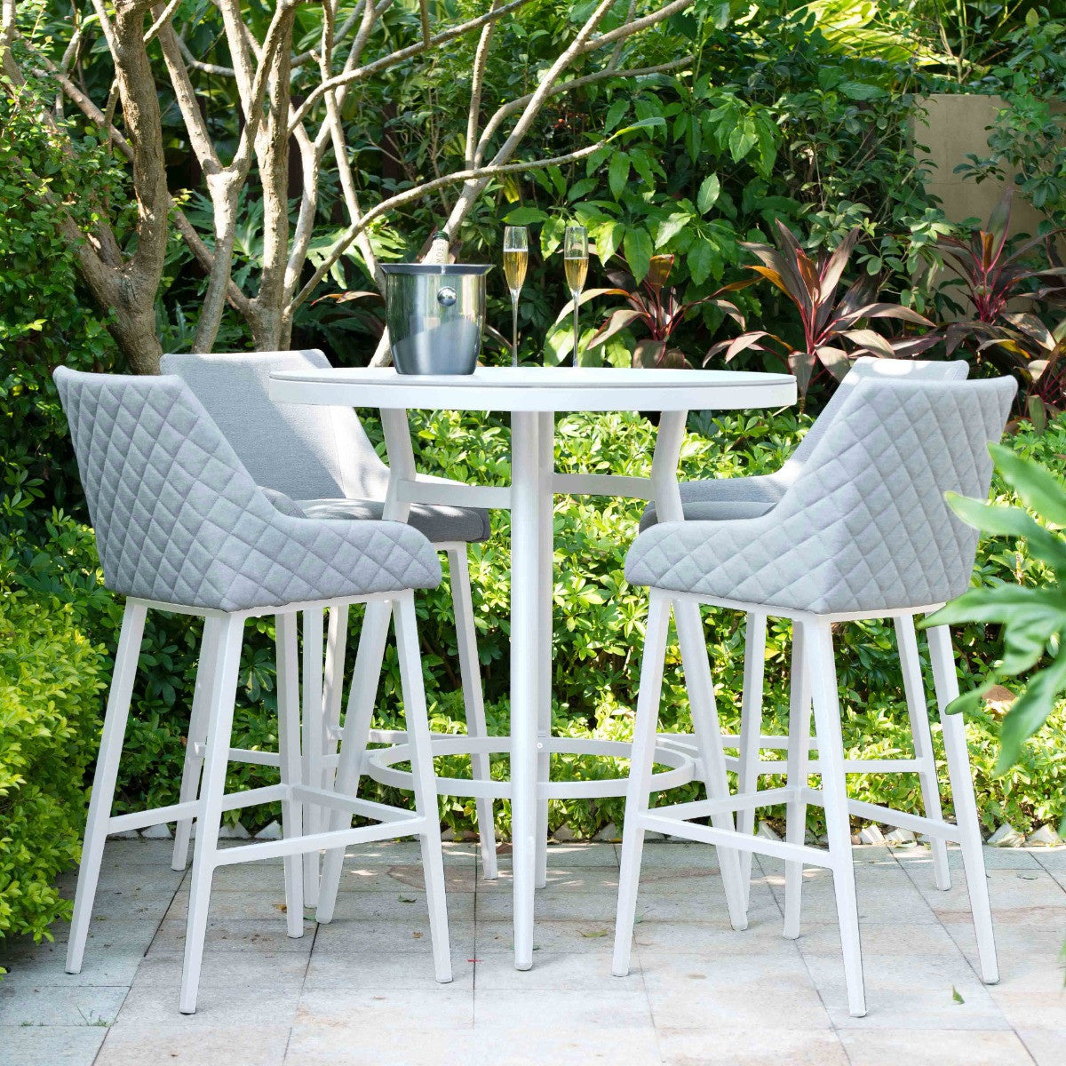 Regal 4 Seat Round Outdoor High Bar Table Set in Lead Chine Grey all Weather Fabric SALE