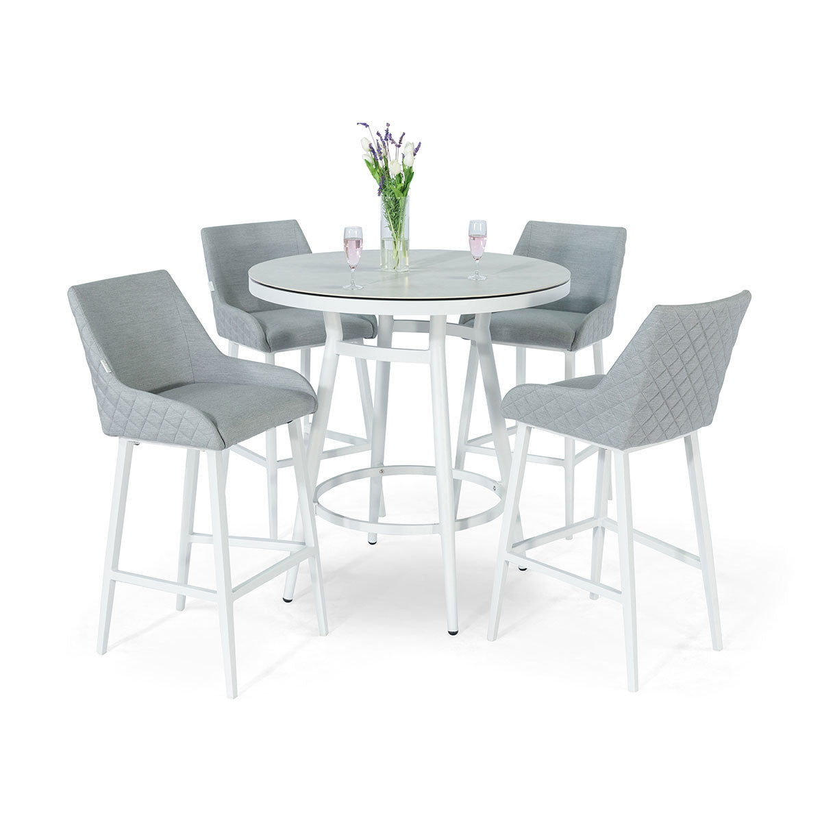 Regal 4 Seat Round Outdoor High Bar Table Set in Lead Chine Grey all Weather Fabric