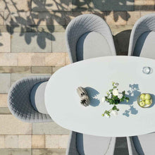 Load image into Gallery viewer, Ambition All Weather Fabric Oval Six seat Garden Dining Set with Spray Stone Dining Table - Lead Chine
