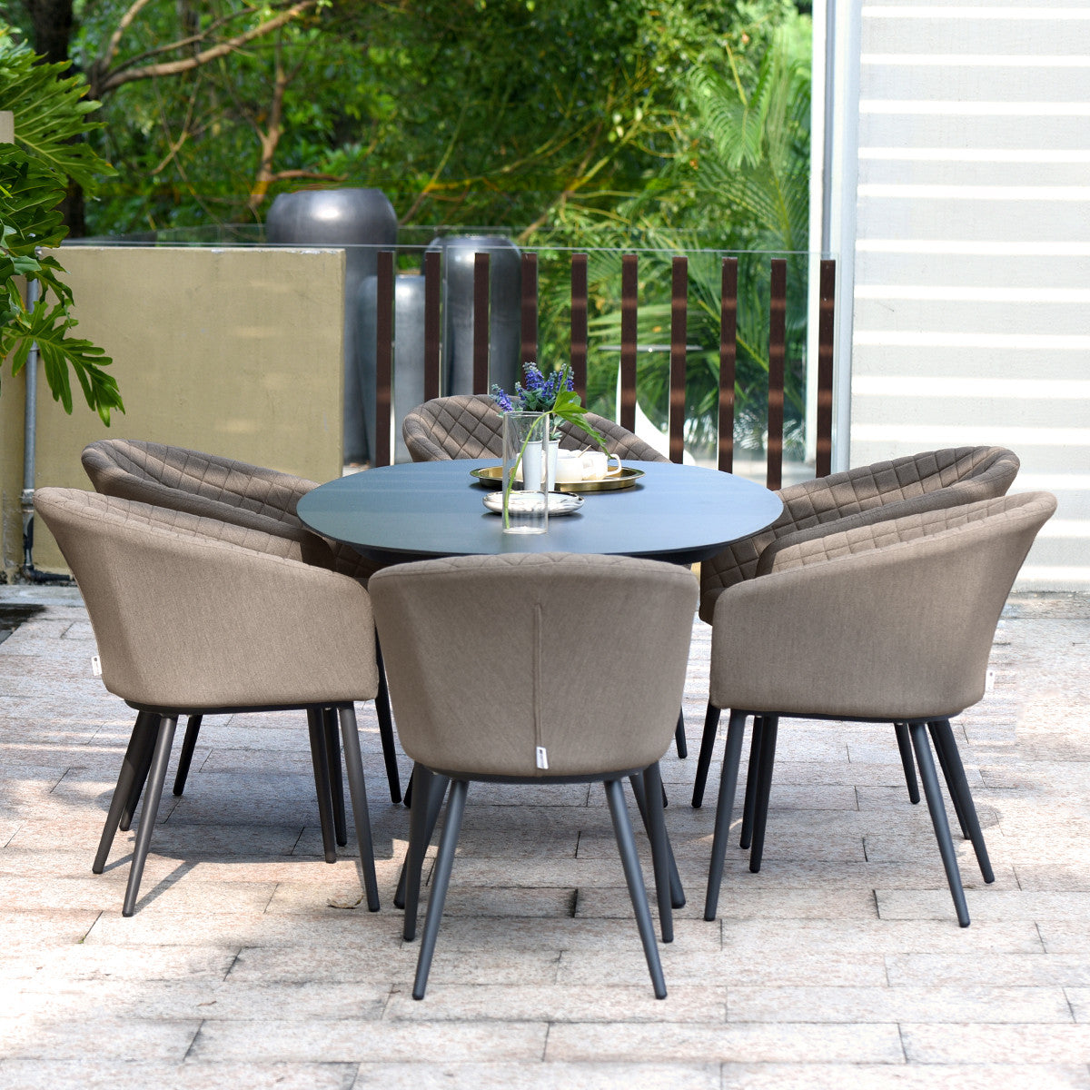 Ambition All Weather Fabric Oval Six seat Garden Dining Set with Spray Stone Dining Table - Taupe