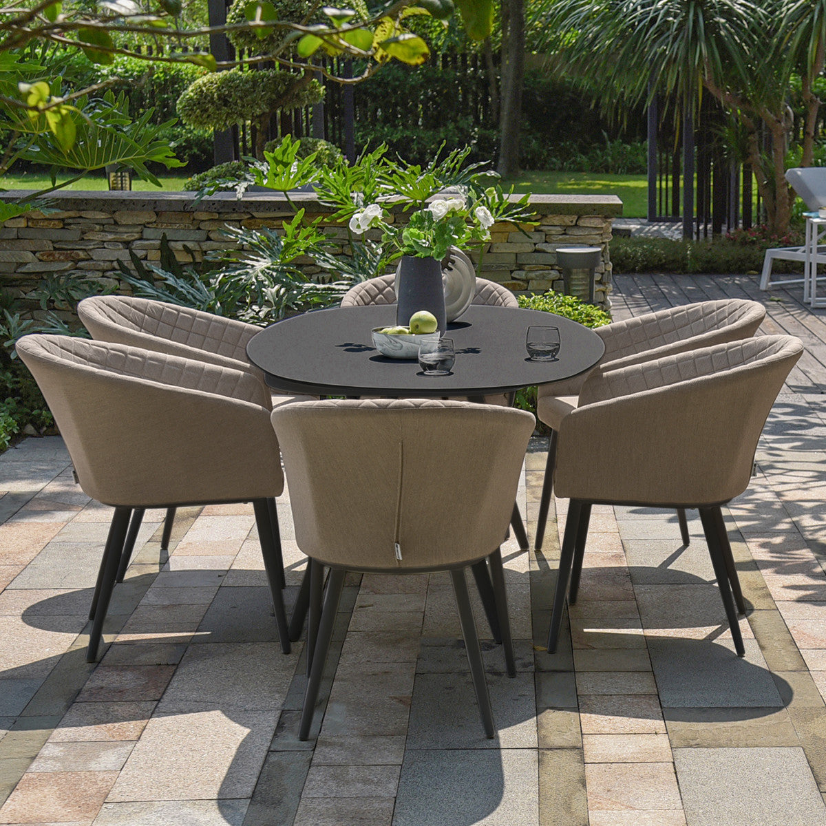 Ambition All Weather Fabric Oval Six seat Garden Dining Set with Spray Stone Dining Table - Taupe