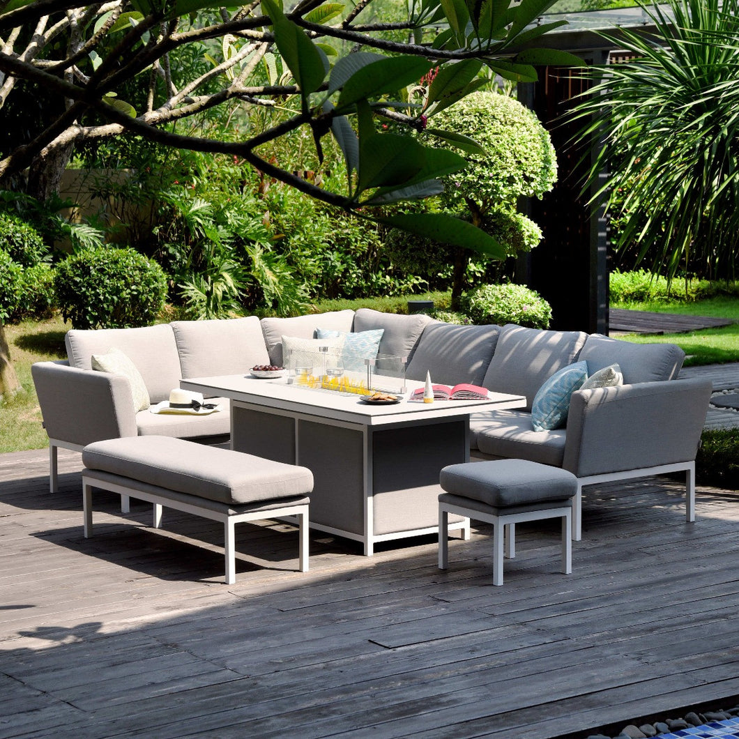 Pulse All Weather fabric Rectangular Corner Dining Sofa Set with Fire Pit Table in Lead Chine