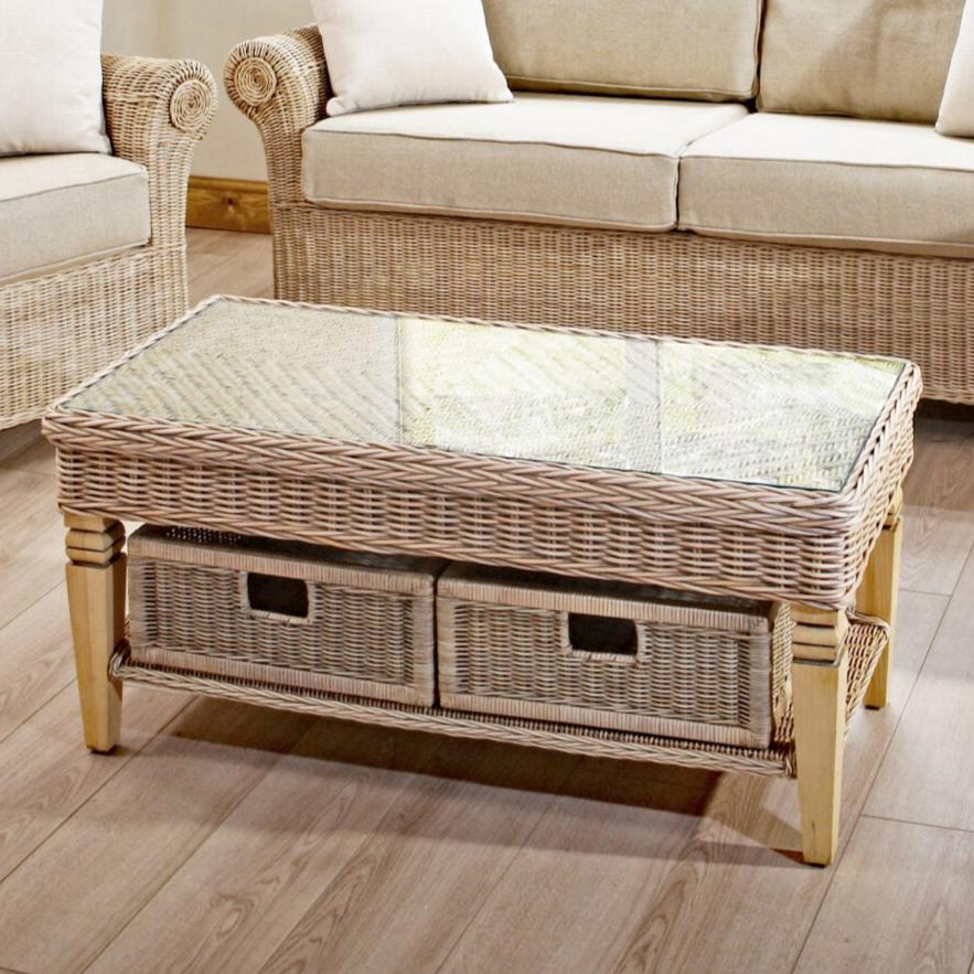 Indoor Rattan Modern Rectangular Conservatory Coffee Table with Drawer Storage 