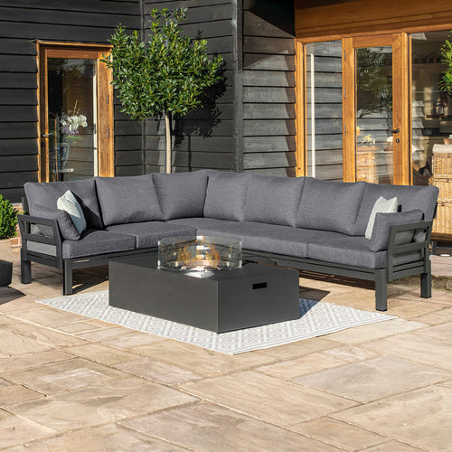 Oslo Grey Aluminium Corner Sofa Group with Rectangular Gas Fire Pit Table / Charcoal