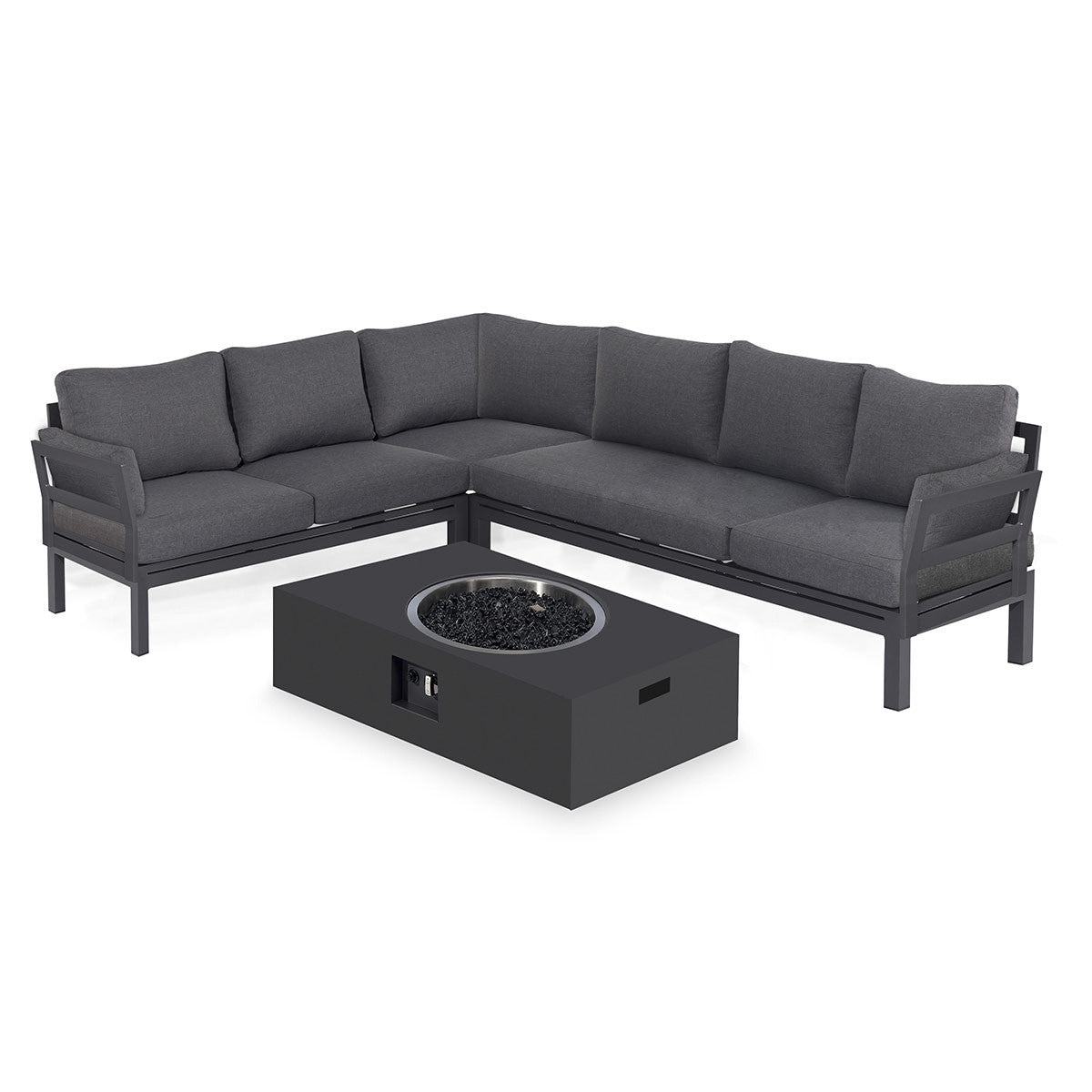 Oslo Grey Aluminium Corner Sofa Group with Rectangular Gas Fire Pit Table / Charcoal