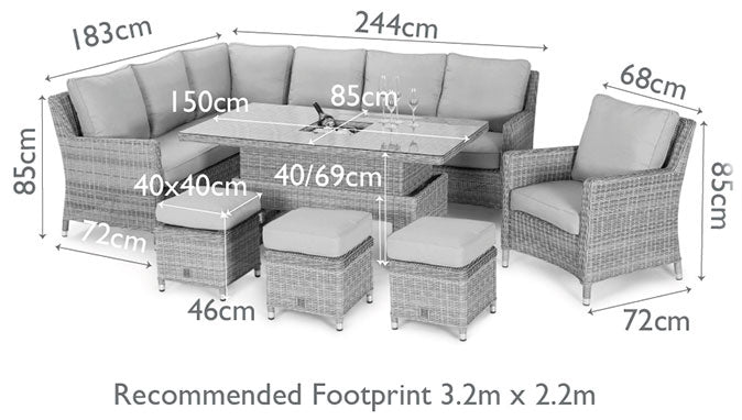 Oxford Grey Rattan Casual Corner Dining Set With Armchair integrated Ice Bucket and Rising Table