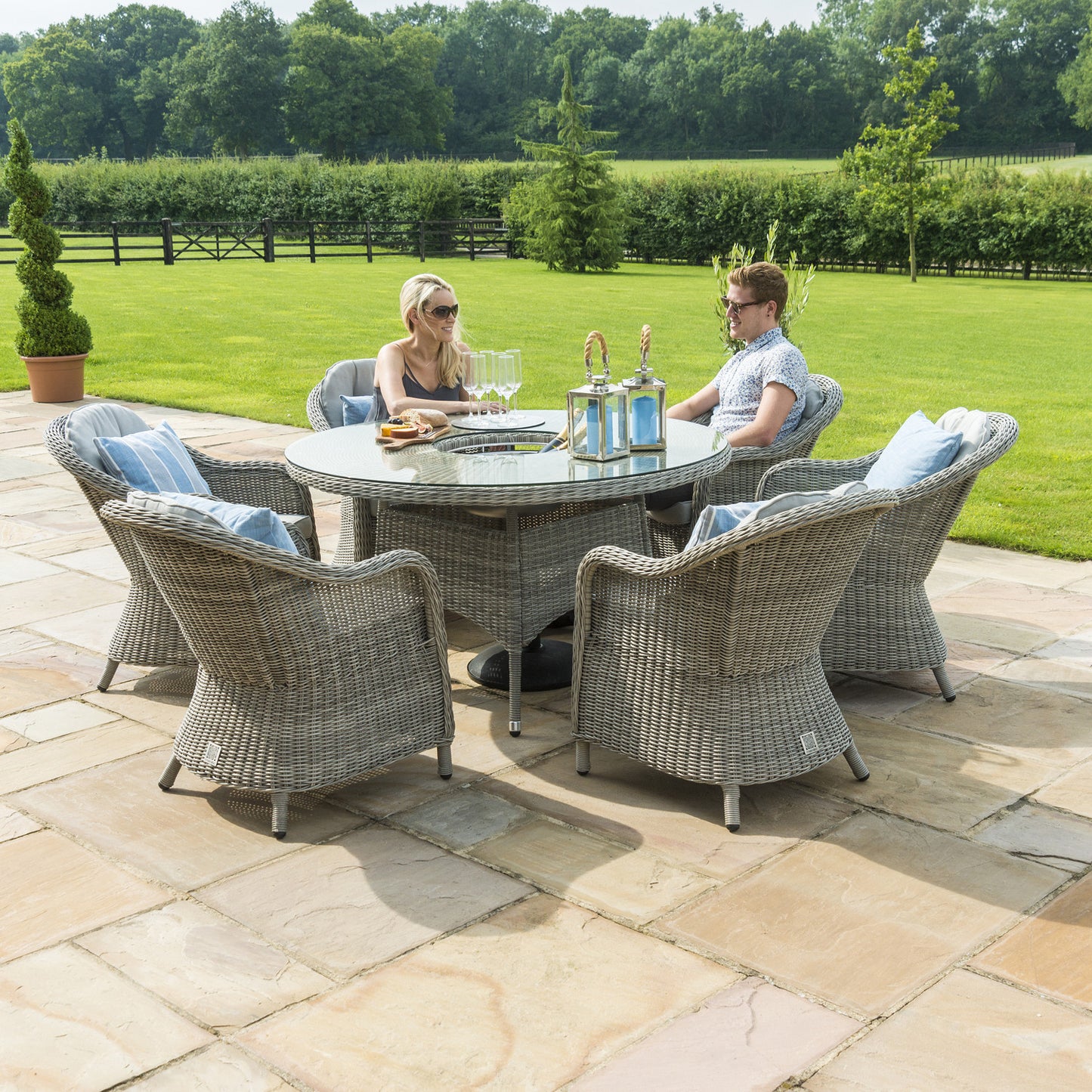 Oxford Grey Rattan Six Seat Round Heritage Garden Dining Set with Lazy Susan and Ice Bucket