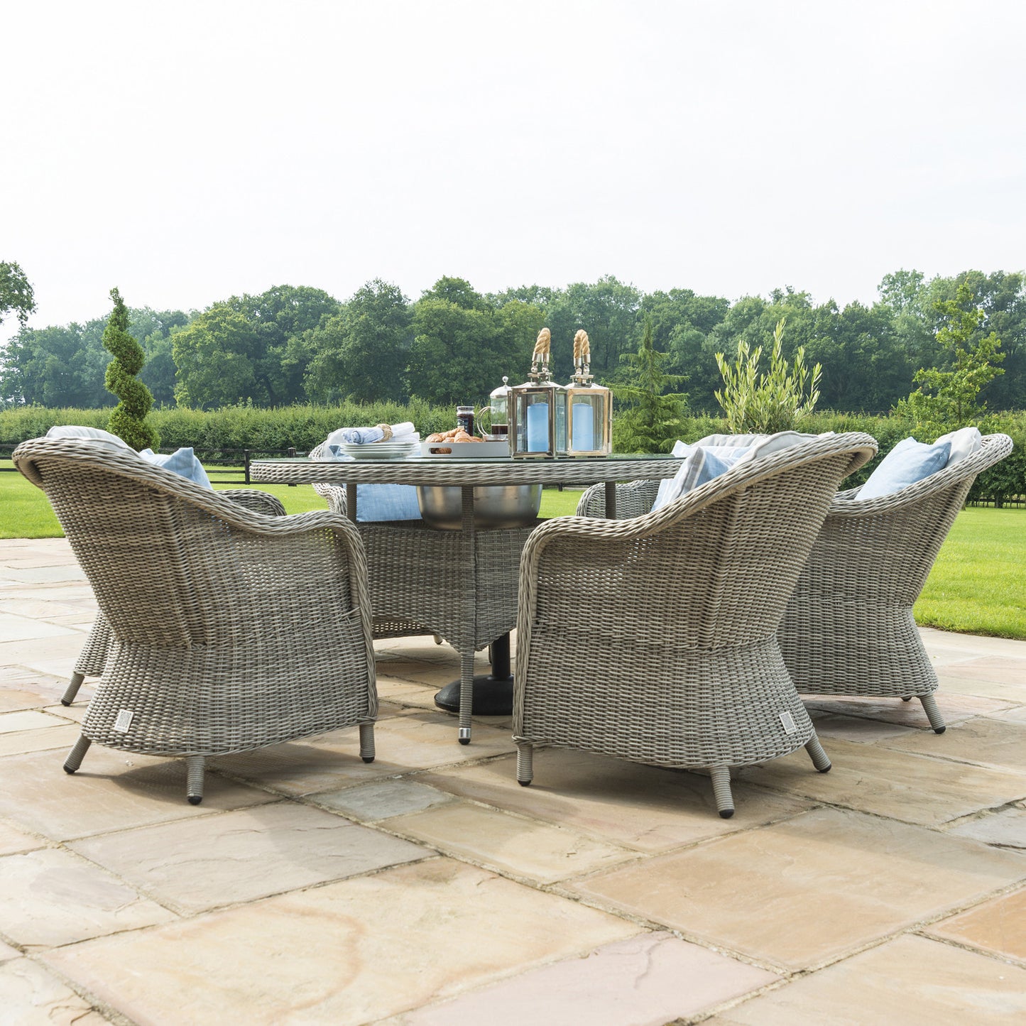 Oxford Grey Rattan Six Seat Round Heritage Garden Dining Set with Lazy Susan and Ice Bucket