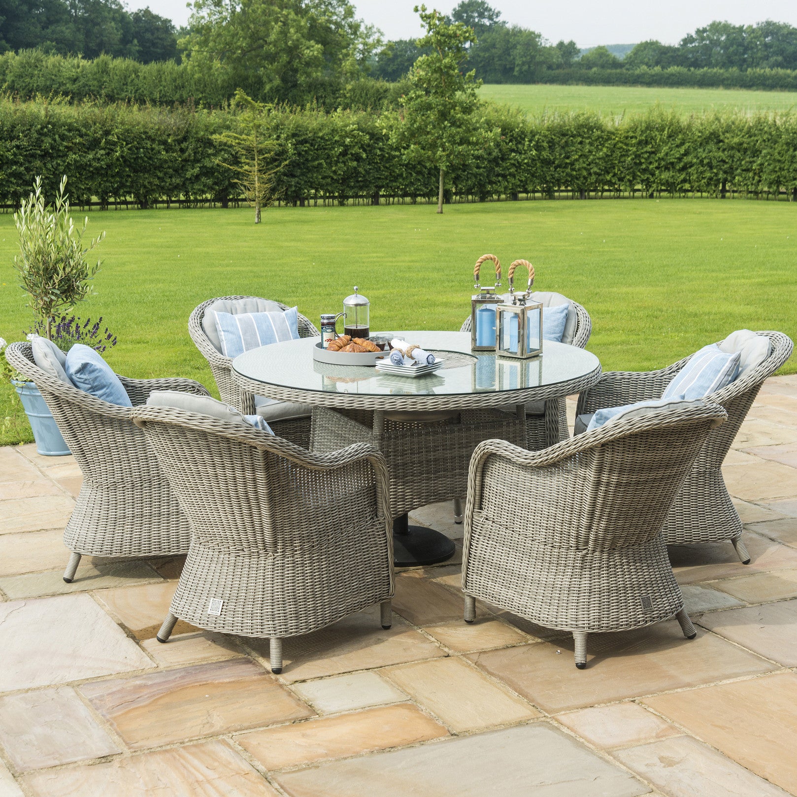 Oxford Grey Rattan Six Seat Round Heritage Garden Dining Set with Lazy Susan and Ice Bucket