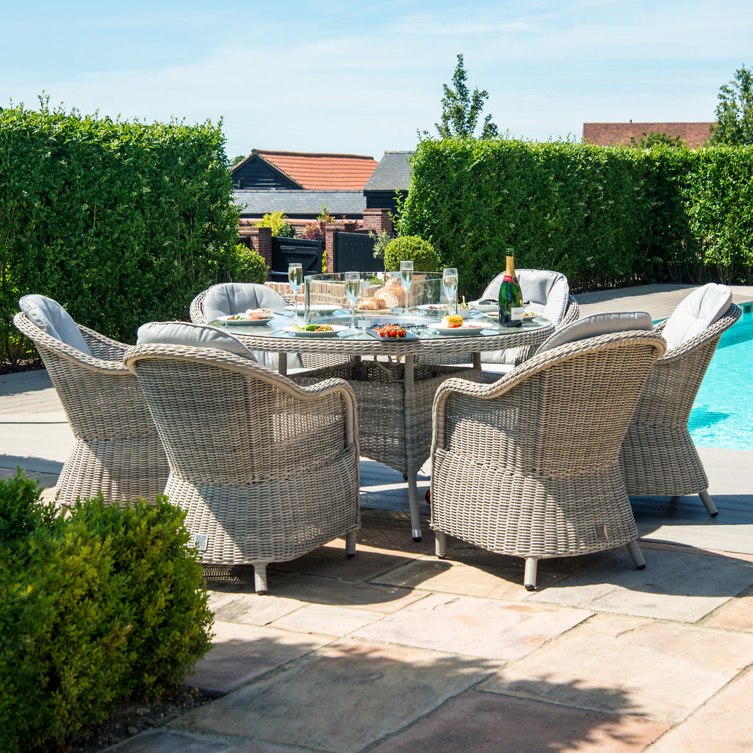 Oxford Grey Rattan Six Seat Round Heritage Garden Dining Set with Lazy Susan and LPG Gas Firepit
