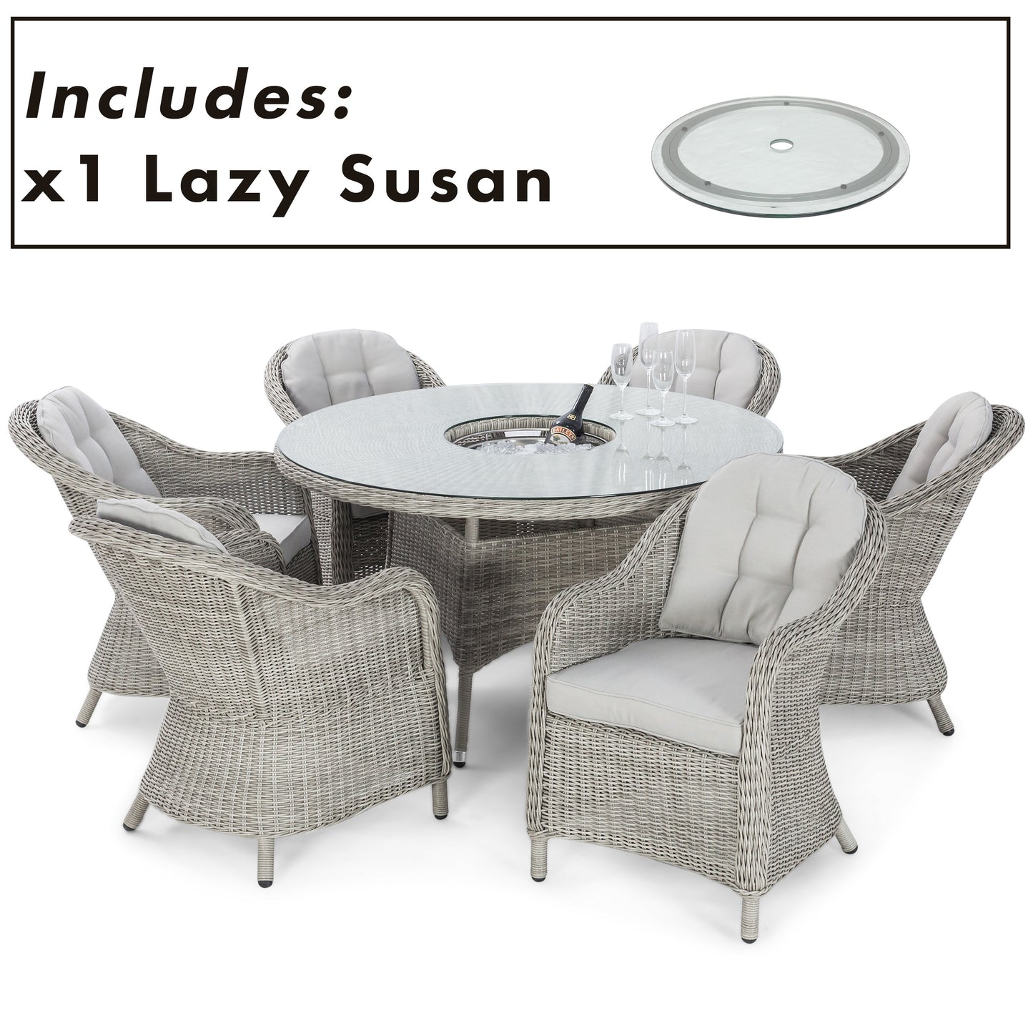 Oxford Grey Rattan Six Seat Round Heritage Garden Dining Set with Lazy Susan and Ice Bucket