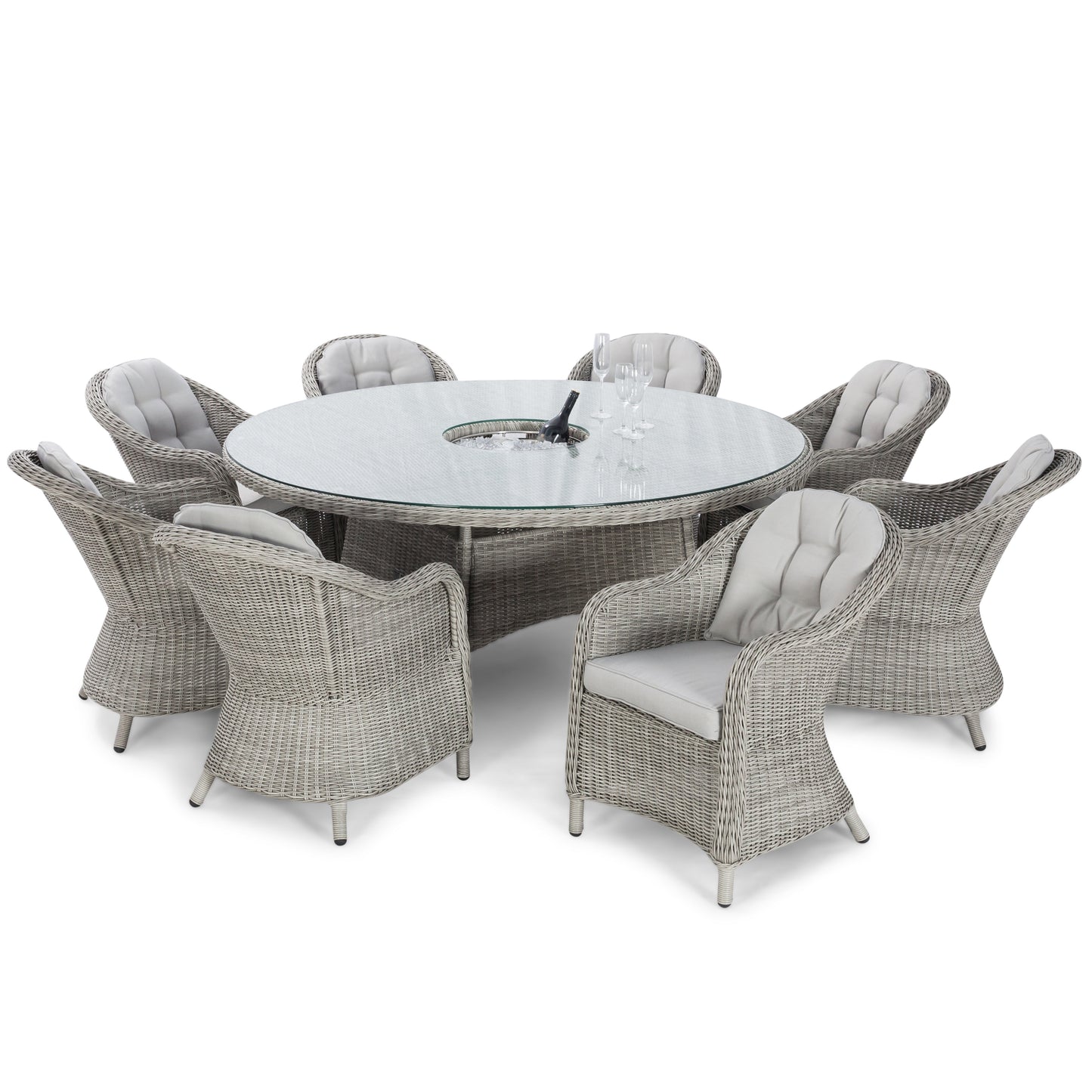 Oxford Grey Rattan Eight Seat Round Heritage Garden Dining Set with ice Bucket and Lazy Susan