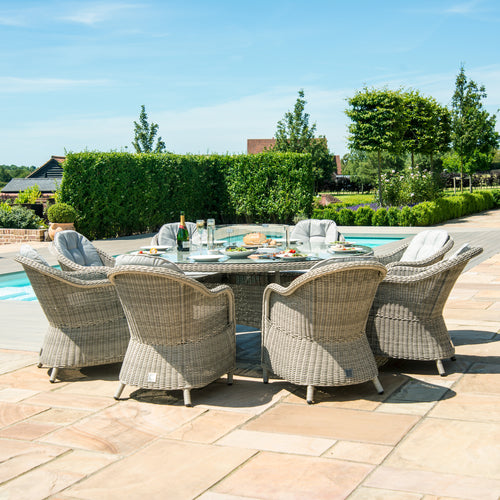 Oxford Grey Rattan Eight Seat Round Heritage Garden Dining Set with Lazy Susan and LPG Gas Fire