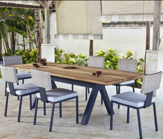 Skyline Design Windsor Metal Six Seat Rectangular Outdoor Dining Set with Alaska Teak Table