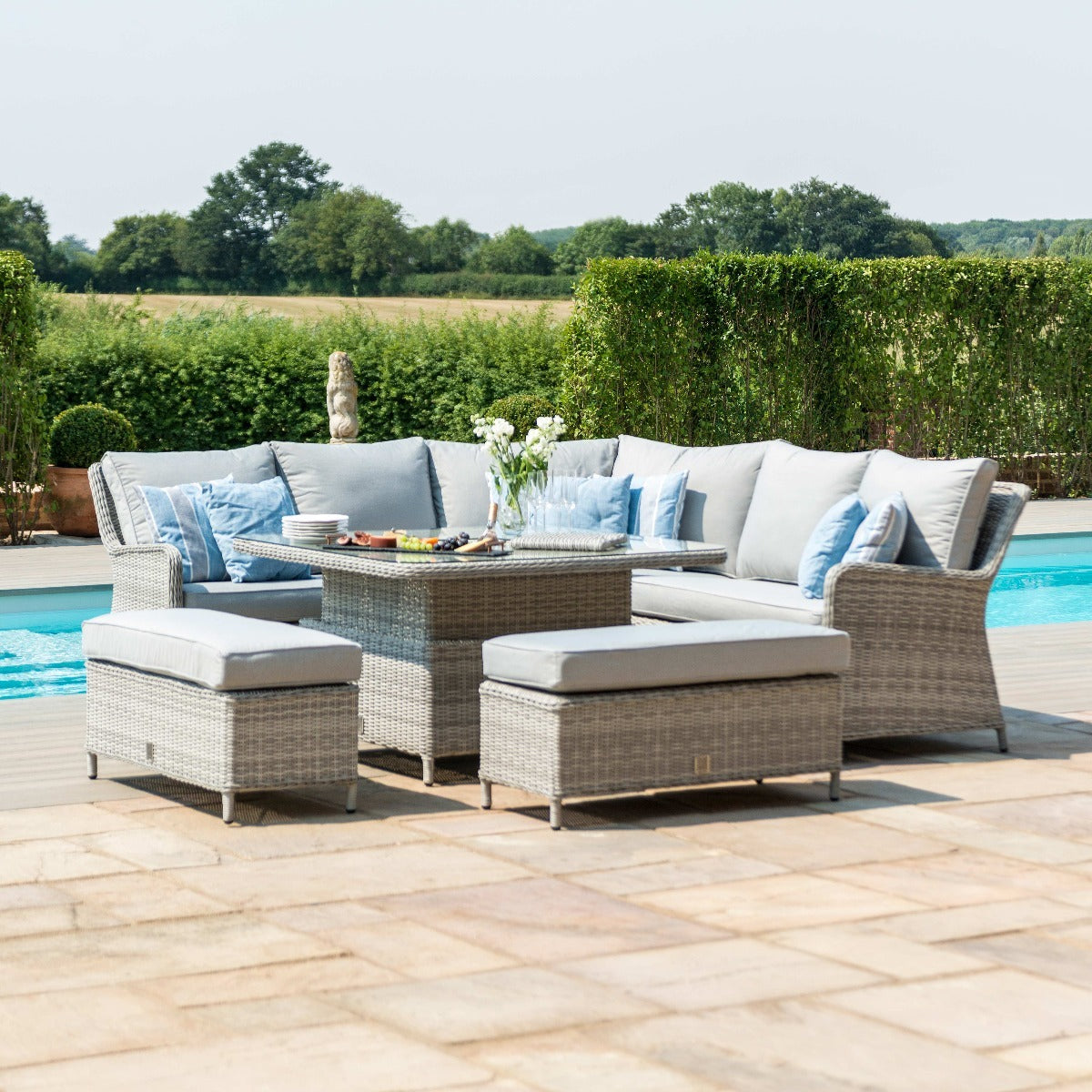 Oxford Grey Rattan Royal Casual Corner Dining Set With Bench integrated Ice Bucket and Rising Table