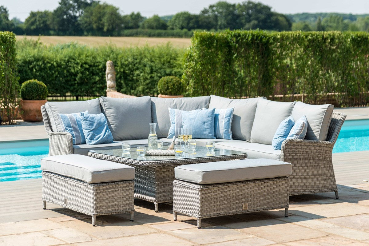 Oxford Grey Rattan Royal Casual Corner Dining Set With Bench integrated Ice Bucket and Rising Table