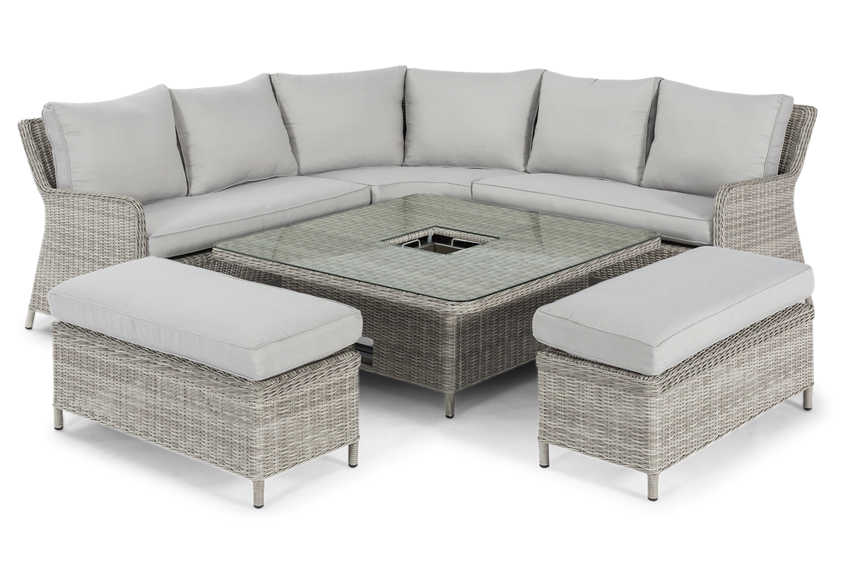 Oxford Grey Rattan Royal Casual Corner Dining Set With Bench integrated Ice Bucket and Rising Table