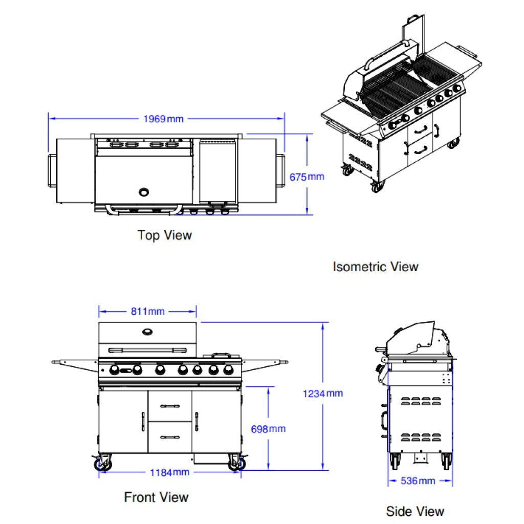 EX DISPLAY BULL 7 Burner natural Gas BBQ With Double Side Burner Cart and Rotisserie with FREE Cover