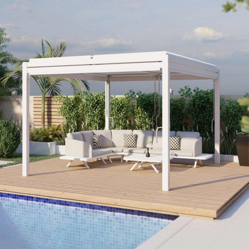 Aluminum White Pergola Gazebo with Louvered Roof 4m x 4m with 4 drop curtains and LED lights