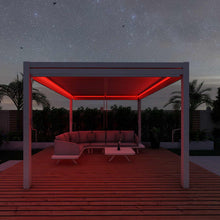 Load image into Gallery viewer, Aluminum White Pergola Gazebo with Louvered Roof 3m x 3m with 4 drop curtains and LED lights

