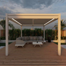 Load image into Gallery viewer, Aluminum White Pergola Gazebo with Louvered Roof 3m x 3m with 4 drop curtains and LED lights
